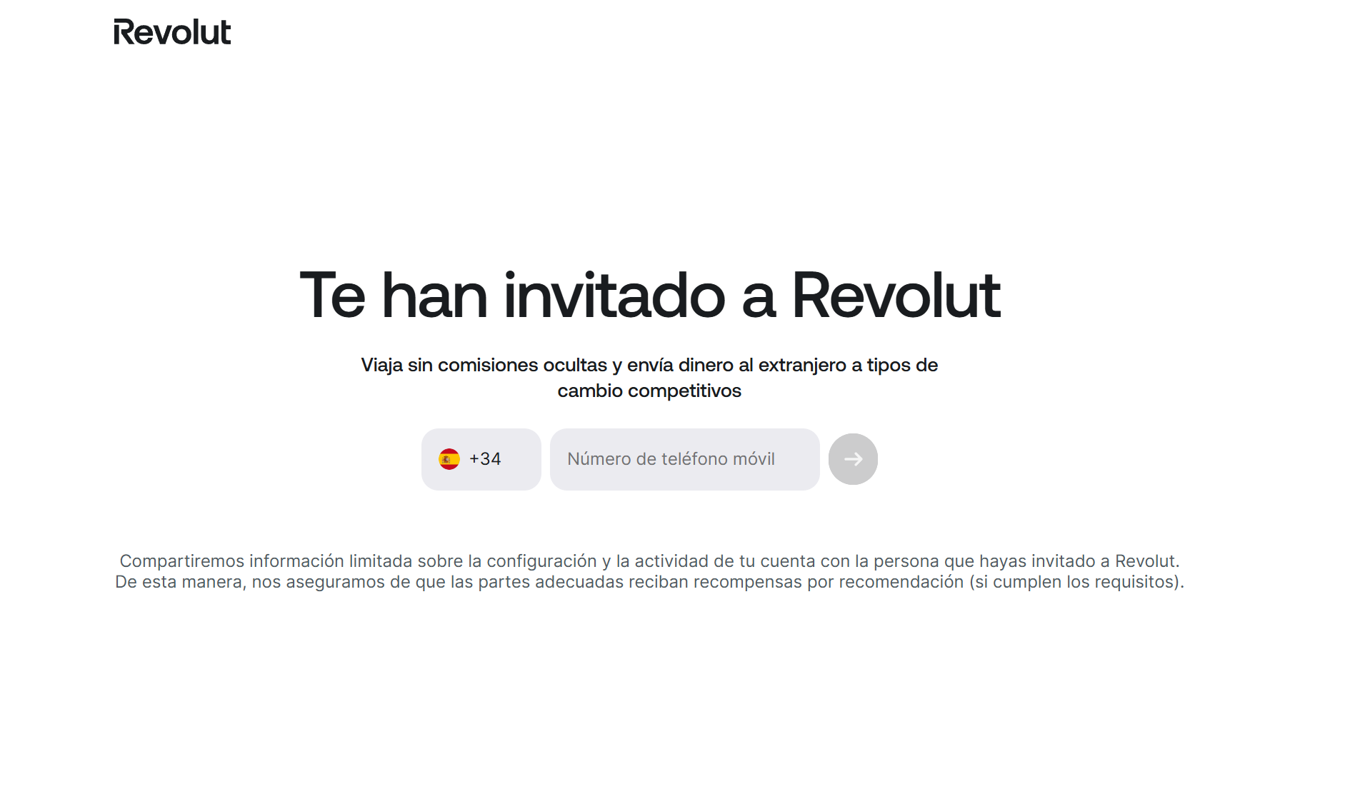 Captura de pantalla: página de registro Revolut con código de referido activo